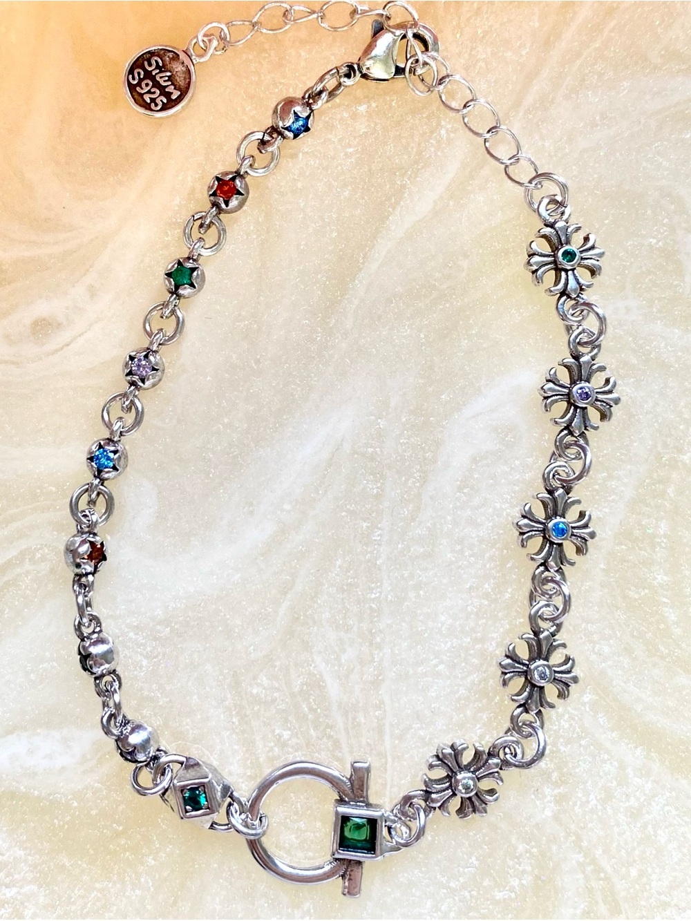 Sterling Silver Multicolor Gemstone Bracelet - Floral Link Toggle Clasp